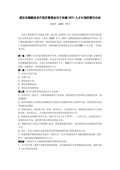 武汉东湖高新人才政策-3551项目