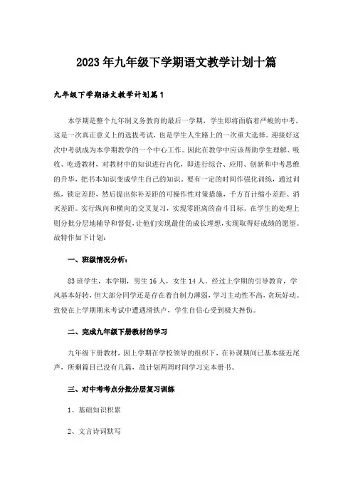 2023年九年级下学期语文教学计划十篇