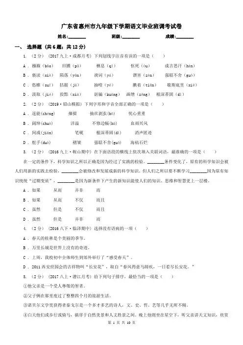 广东省惠州市九年级下学期语文毕业班调考试卷