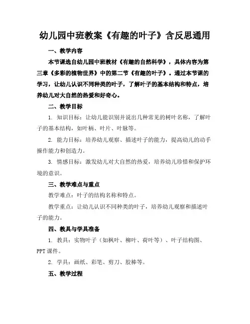 幼儿园中班教案《有趣的叶子》含反思通用