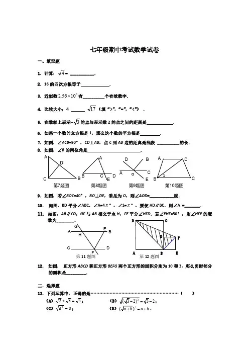 上海7年级下数学期中试卷(含答案)