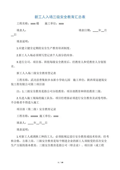 建筑企业三级安全教育记录及表格(全)