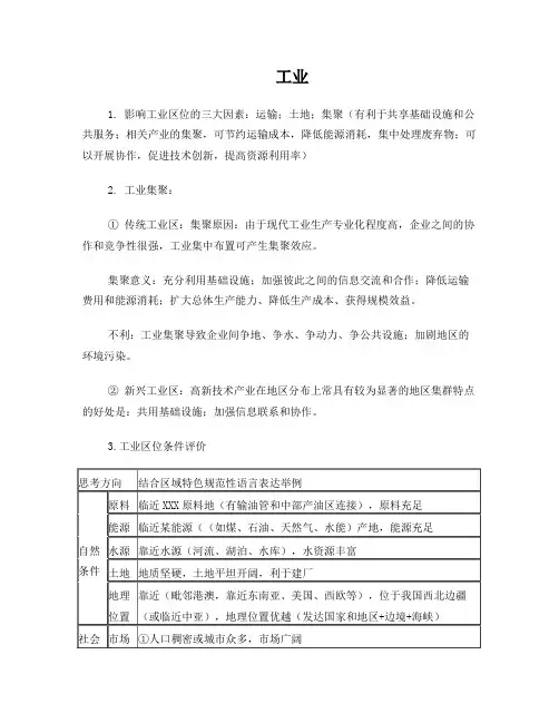 高三一二轮地理复习工业专题答题模板