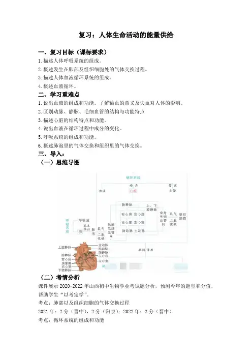 2023年山西省初中生物中考复习：人体生命活动的能量供给  导学案