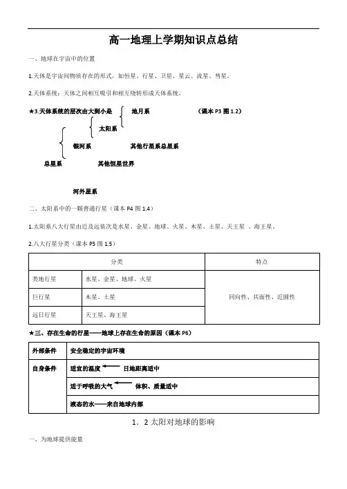 高一地理上册复习提纲  知识点总结