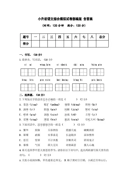 人教版小学语文小升初模拟试卷(含答案)(4)