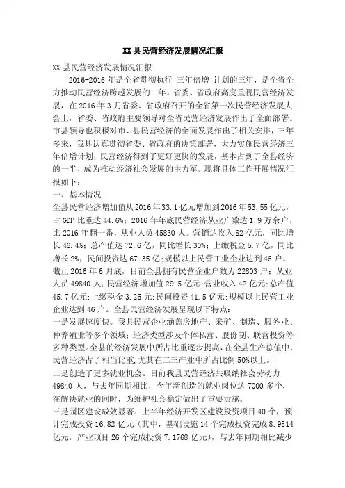 XX县民营经济发展情况汇报（精简篇）