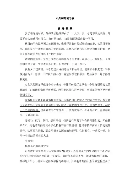 六年级下册语文试题-小升初阅读专练：黄蜂筑巢(详解版)全国通用