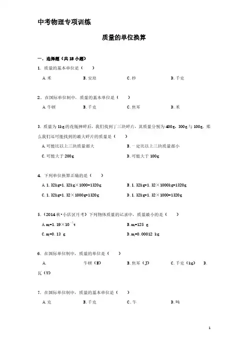 中考物理专项训练：质量的单位换算(含解析)
