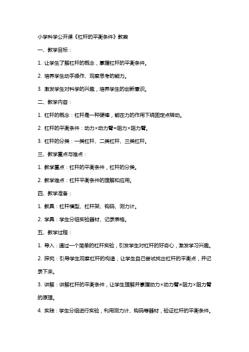 小学科学公开课《杠杆的平衡条件》教案