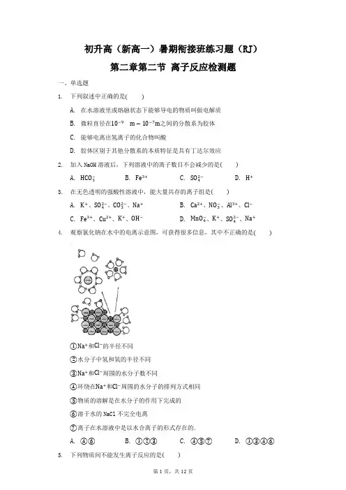 初升高(新高一)暑期衔接班练习题(RJ)  第二章第二节 离子反应检测题(第三课时)