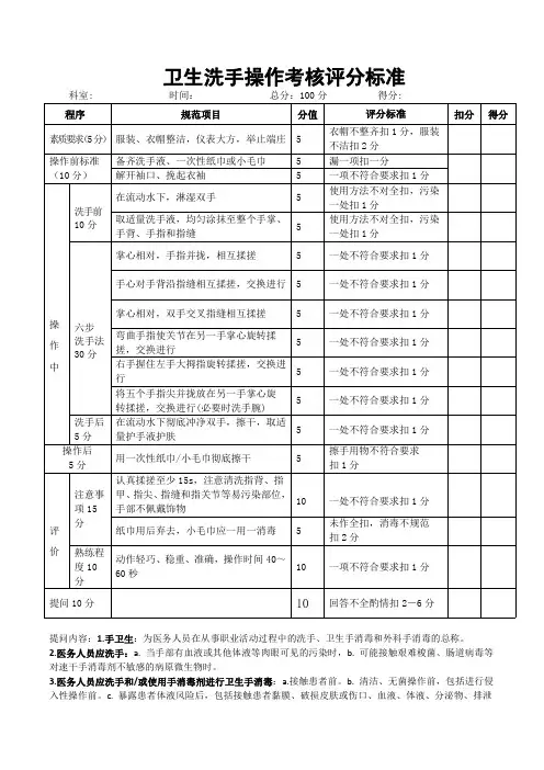 卫生洗手操作考核评分标准