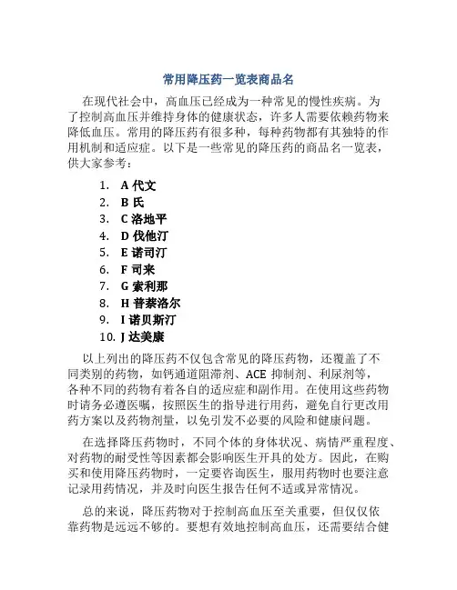 常用降压药一览表商品名
