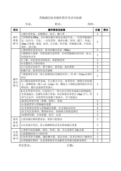 胃肠减压技术操作程序及评分标准