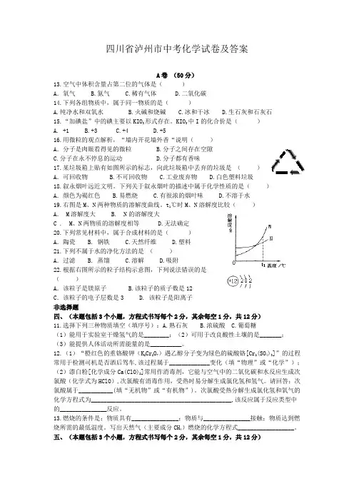 四川省泸州市中考化学试卷及答案