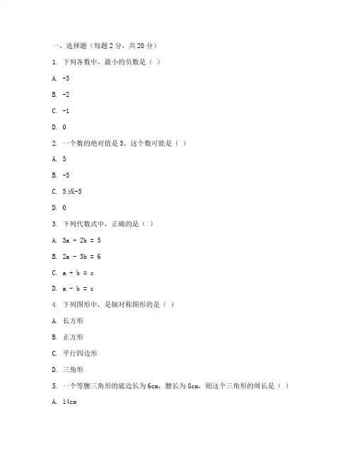 初中入学暗考数学试卷
