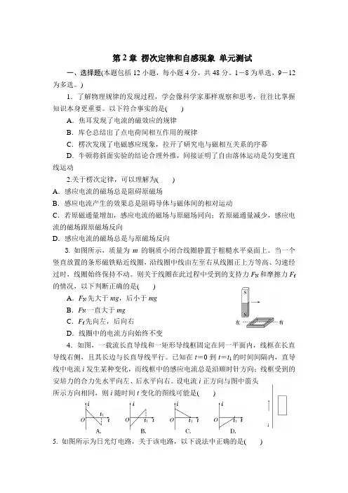 第2章 楞次定律和自感现象 单元测试-2020-2021学年高二下学期物理鲁科版选修3-2