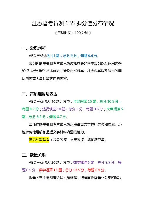 江苏省考行测135题分值分布情况