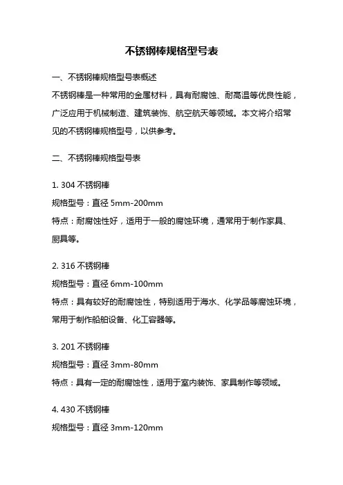 不锈钢棒规格型号表