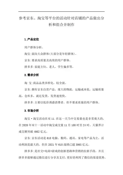 参考京东、淘宝等平台的活动针对店铺的产品做出分析和组合并制作