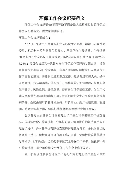  环保工作会议纪要范文