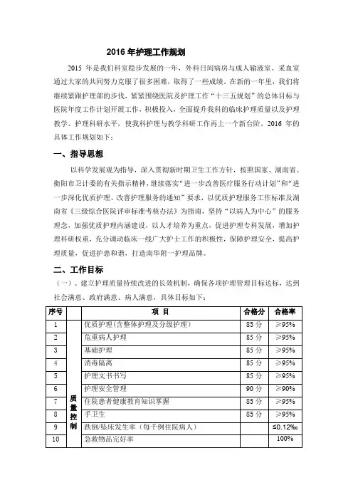 2016年护理工作规划
