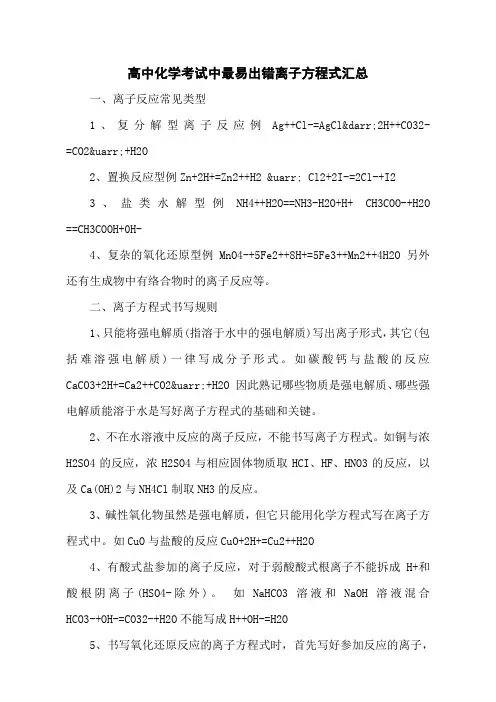 高中化学考试中最易出错离子方程式汇总