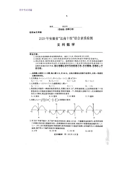 2020年安徽省“江南十校”综合素质检测数学试题（文）