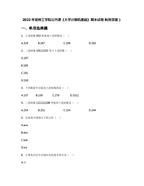 2022年常州工学院公共课《大学计算机基础》期末试卷B(有答案)