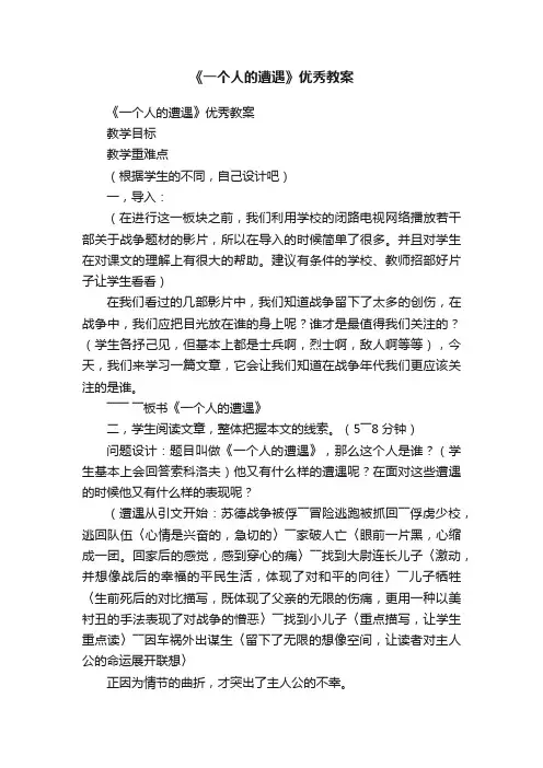 《一个人的遭遇》优秀教案