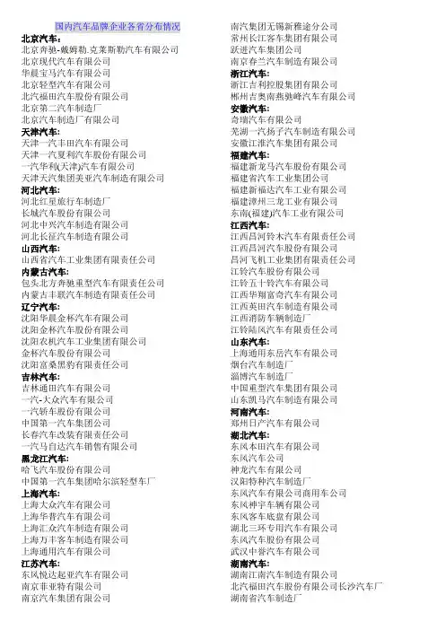 国内汽车品牌企业各省分布情况