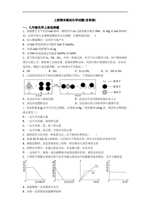 初三化学上册期末测试化学试题(含答案)