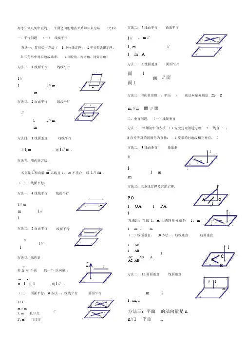 高中文科数学立体几何知识点