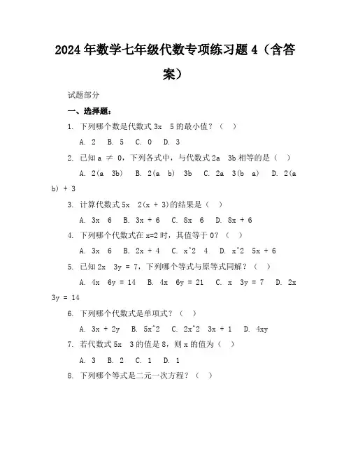 2024年数学七年级代数专项练习题4(含答案)