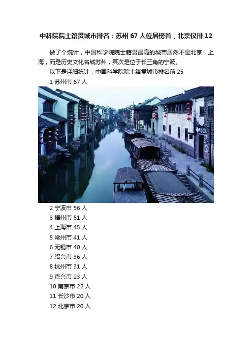 中科院院士籍贯城市排名：苏州67人位居榜首，北京仅排12