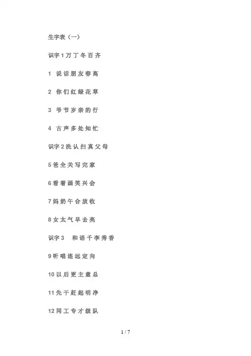 一年级下册语文生字表(二类字)