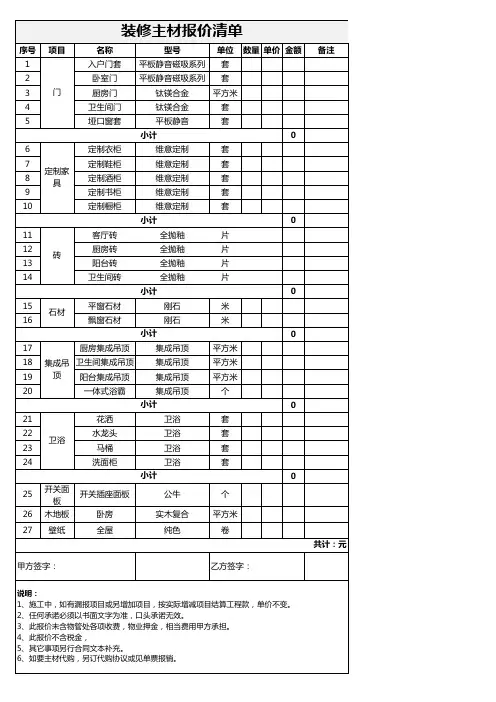 装修主材报价单excel模板