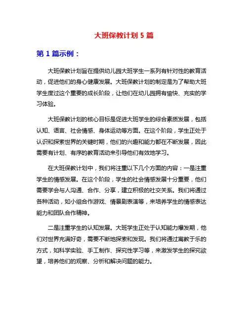 大班保教计划5篇