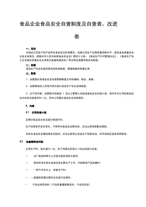 食品企业食品安全自查制度及自查表、改进表