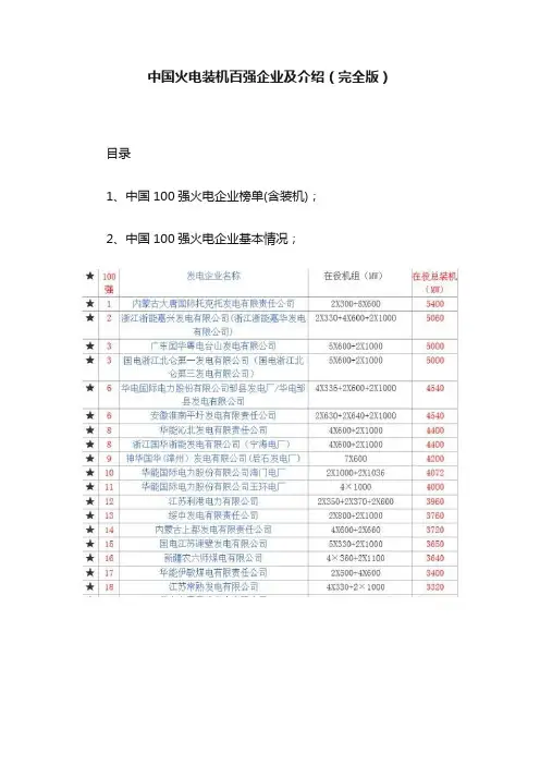 中国火电装机百强企业及介绍（完全版）