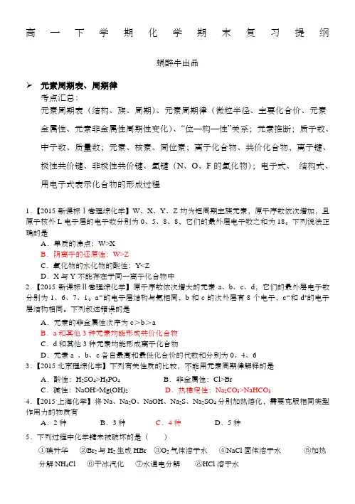 高一化学下学期期末复习提纲+经典例题