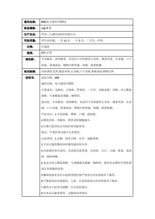 999(复方感冒灵颗粒)(华润三九(郴州)制药有限公司)-药品说明书