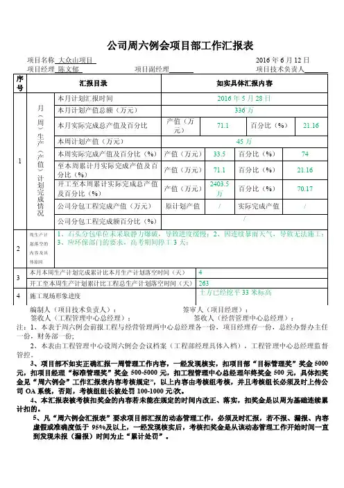 公司周六例会项目部工作汇报表2016612