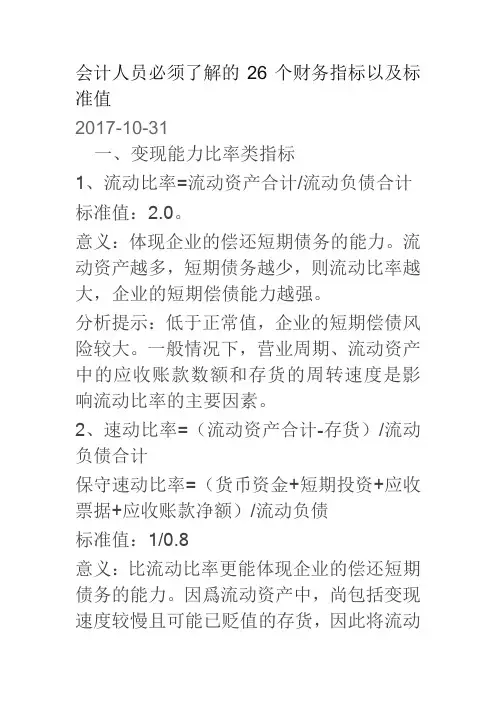 常用的26个财务核算指标