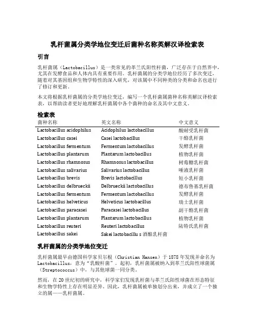 乳杆菌属分类学地位变迁后菌种名称英解汉译检索表