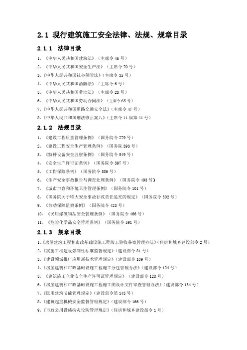 现行建筑施工安全法律 法规 规章目录