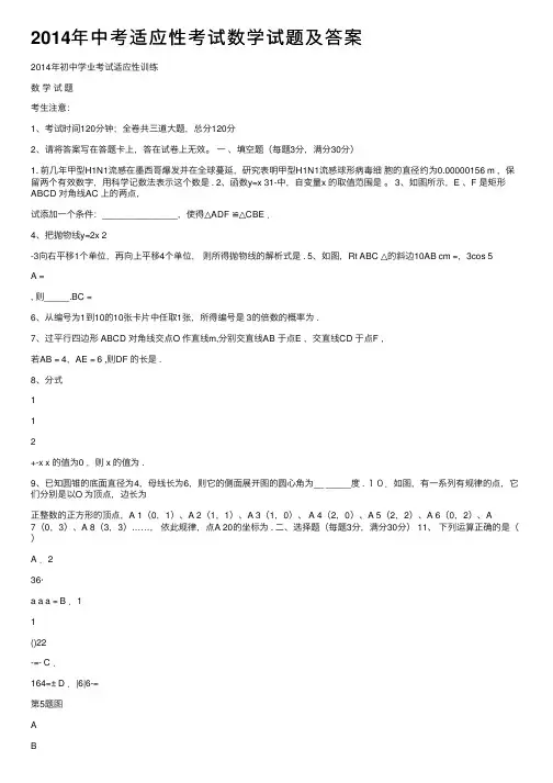2014年中考适应性考试数学试题及答案