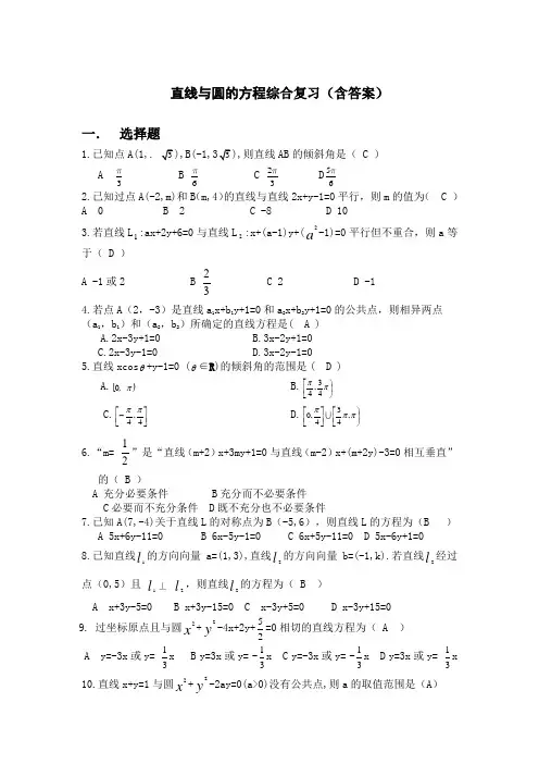 高中数学 人教版 必修二 直线与圆的方程综合复习题(含答案)