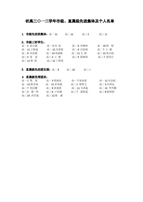 杭高二一三学年市级、直属级先进集体及个人名单
