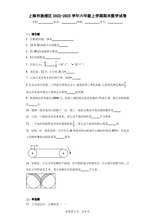 上海市杨浦区2022-2023学年六年级上学期期末数学试卷